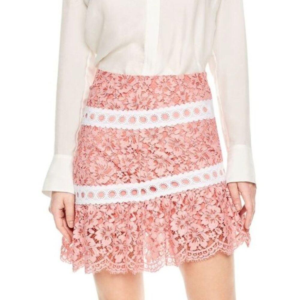 Sandro Devon Banded Floral Lace Mini Skirt in Rose Pink - Picture 2 of 12